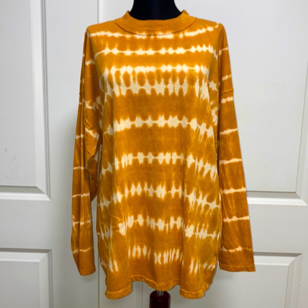 FREE PEOPLE We The Free Tie Dye Oversized Tunic Tee Mustard/Tan Boho Knit Top S